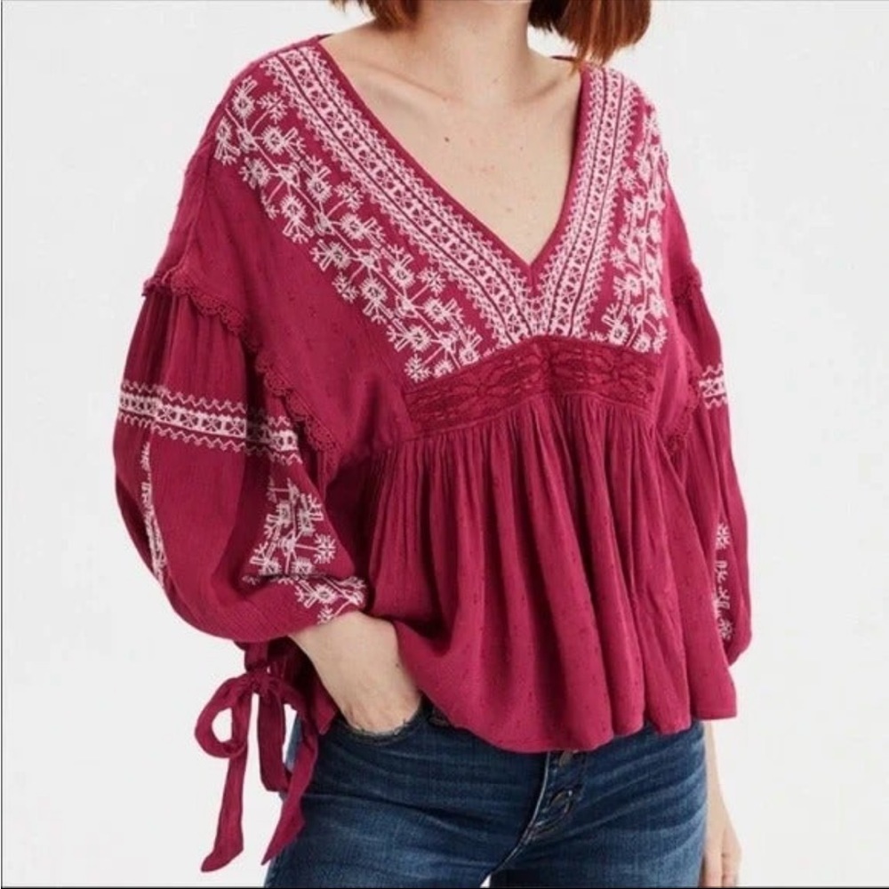 American Eagle Outfitters Pink Balloon Sleeve Embroidered Bohemian Top Size XS